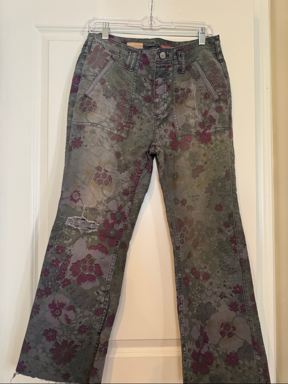 Pilcro Olive Green & Plum Floral Wide Leg Jeans Anthropologie
